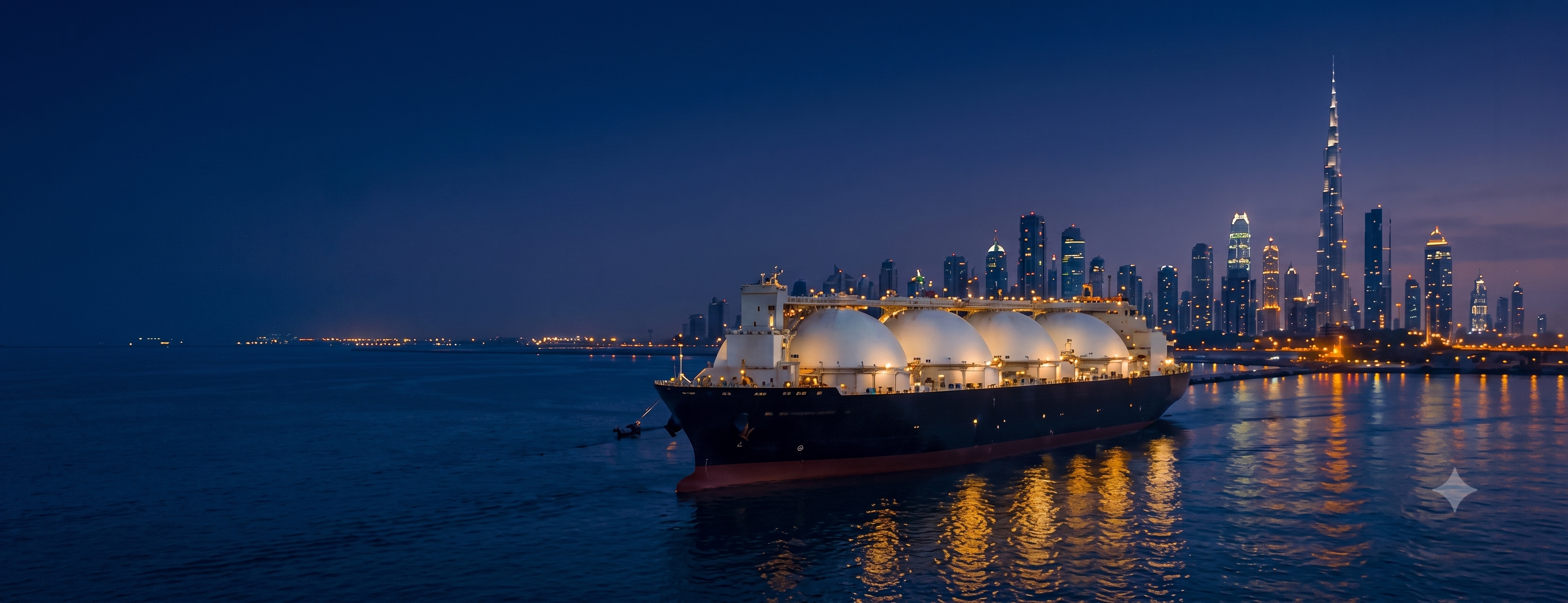 LNG carrier with the Dubai skyline at night